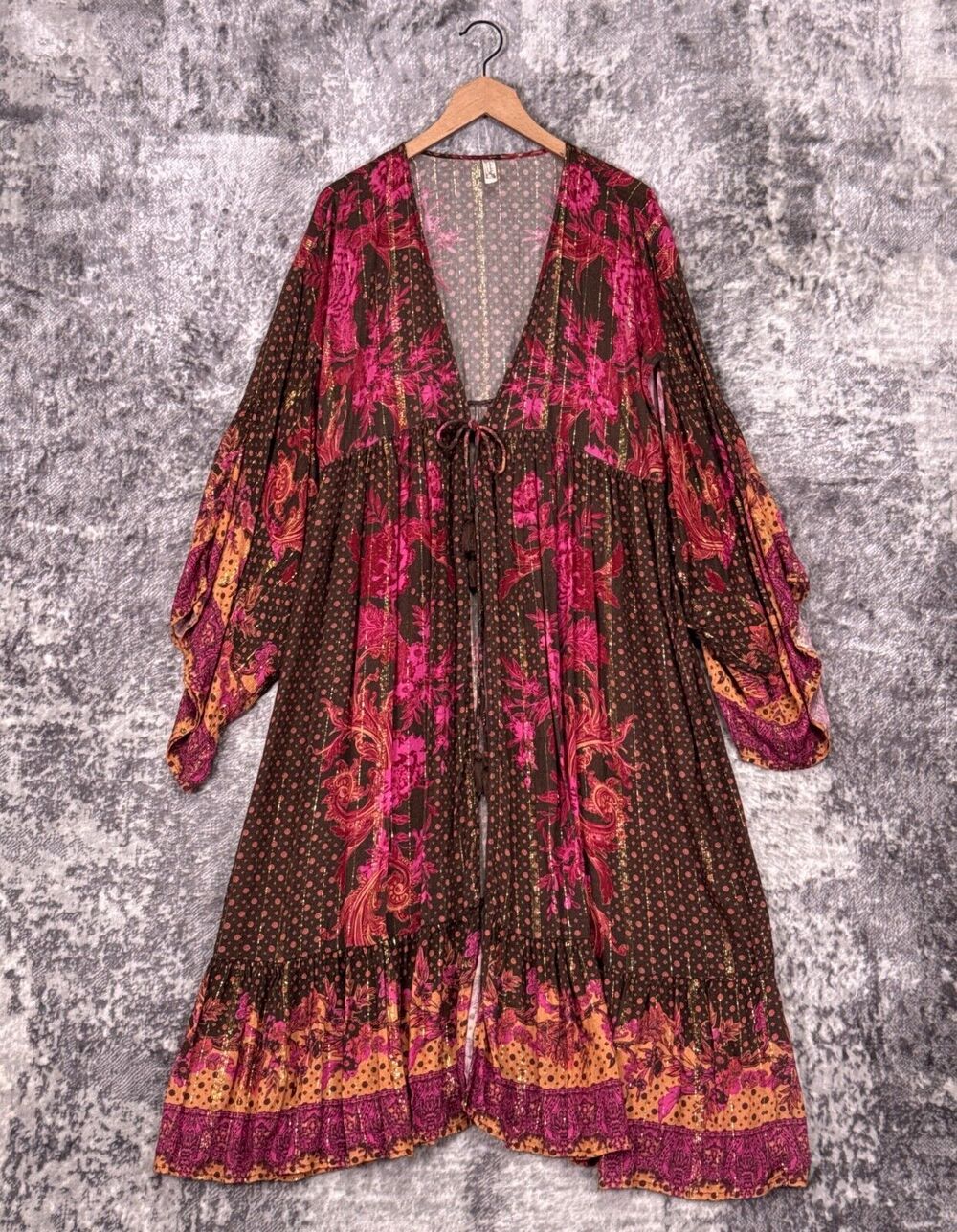 Free People Antoinette Duster Robe XS / Small Womens Floral Metallic Lurex